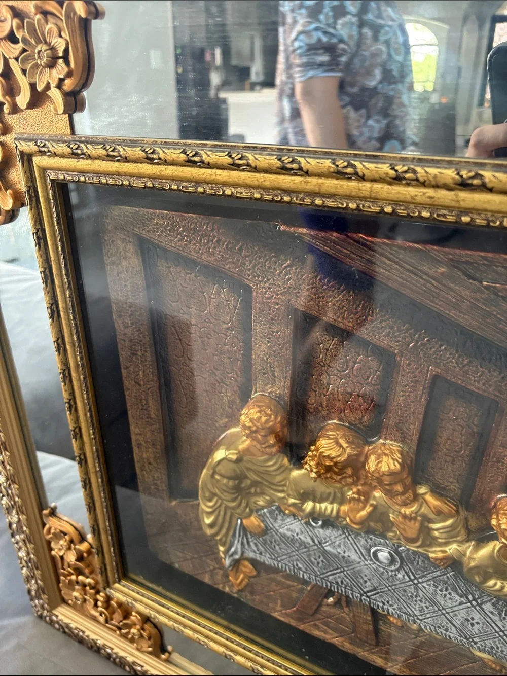 Ornate Gold Framed Wall Mirror with Decorative Religious Scene (Gold, Black)